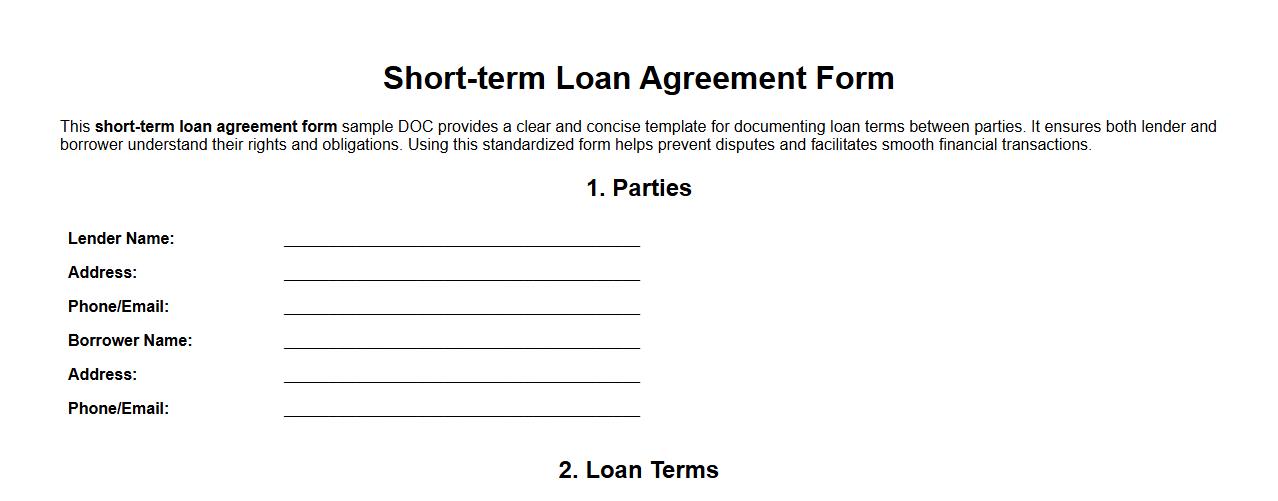 Short-term loan agreement form sample DOC image preview