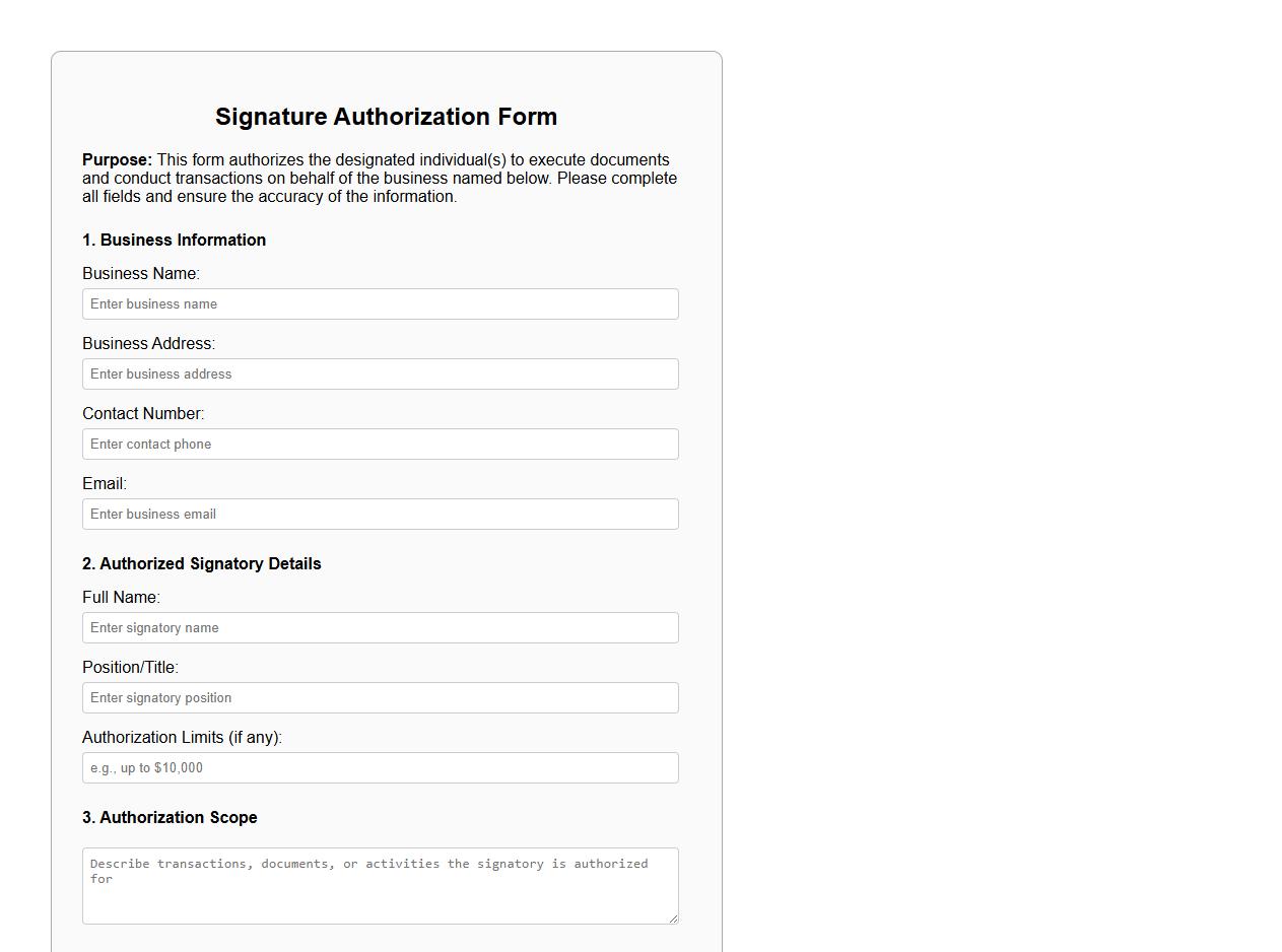signature authorization form sample for business use image preview