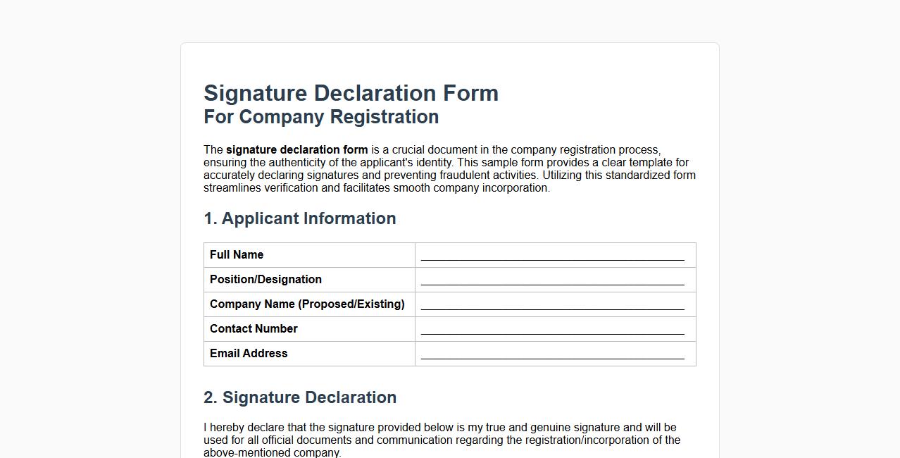 Signature declaration form sample for company registration image preview
