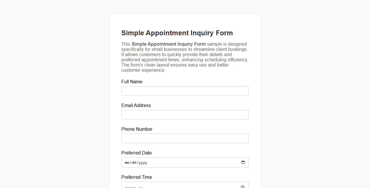 Simple Appointment Inquiry Form Sample for Small Business image preview