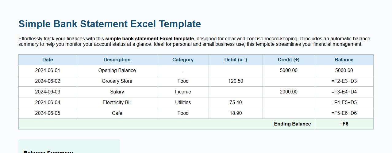 simple bank statement excel template with balance summary image preview