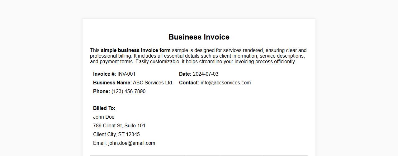 Simple business invoice form sample for services rendered image preview