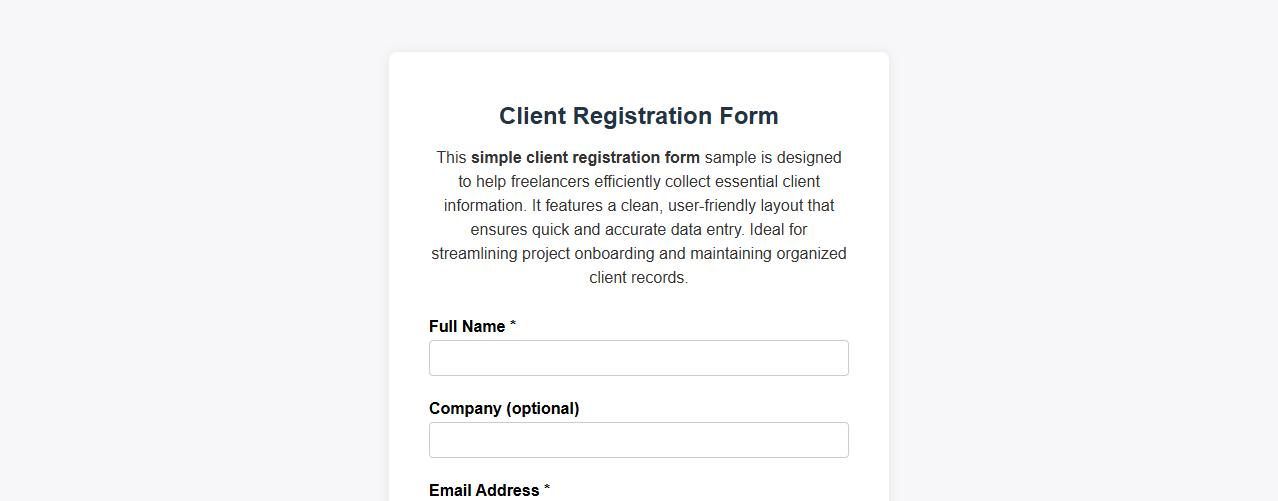 simple client registration form sample for freelancers image preview