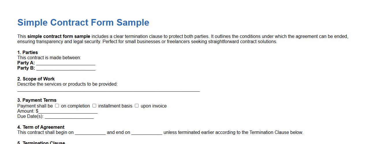 simple contract form sample with termination clause image preview