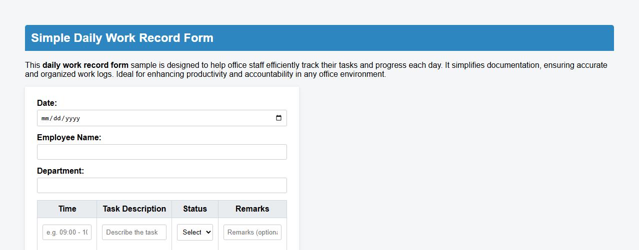 Simple daily work record form sample for office staff image preview