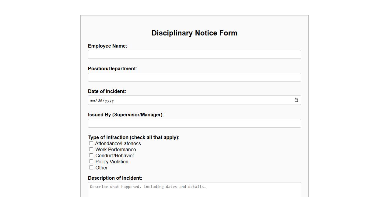 simple disciplinary notice form sample for small business use image preview