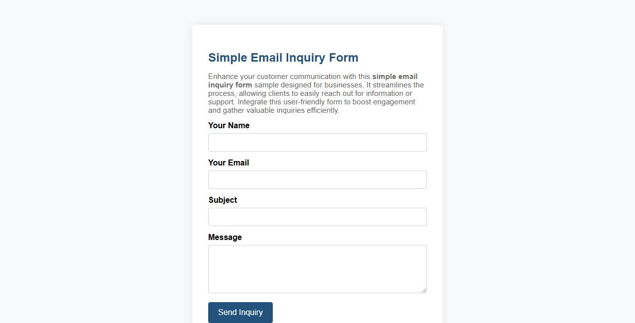 Simple email inquiry form sample for business image preview