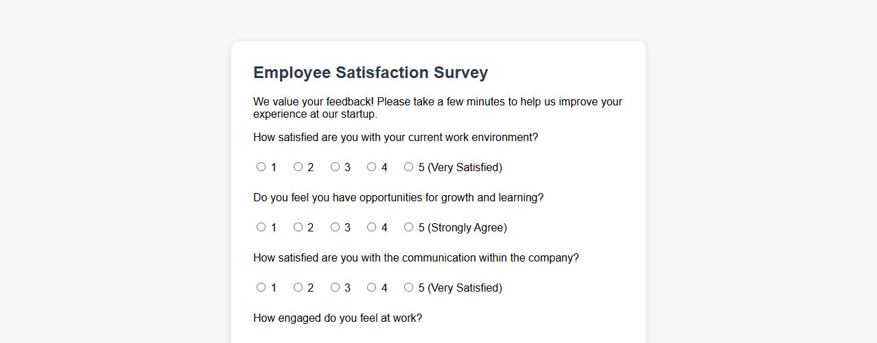 Simple employee satisfaction survey form sample for startups image preview