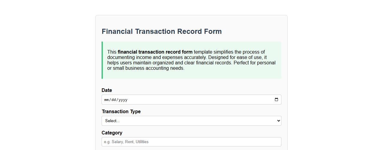 Simple financial transaction record form sample template image preview