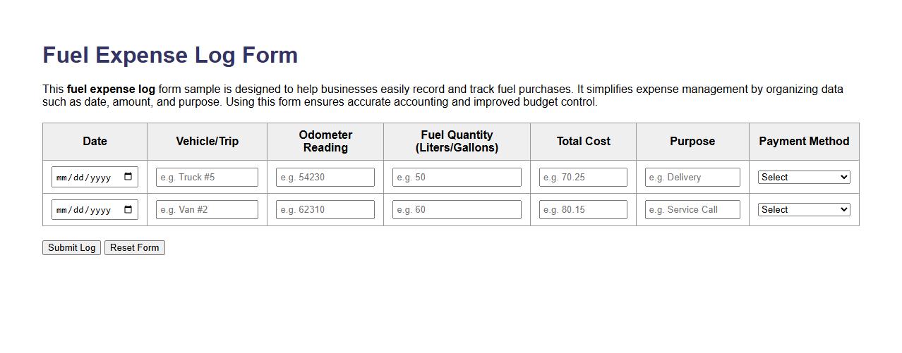 Simple fuel expense log form sample for business image preview