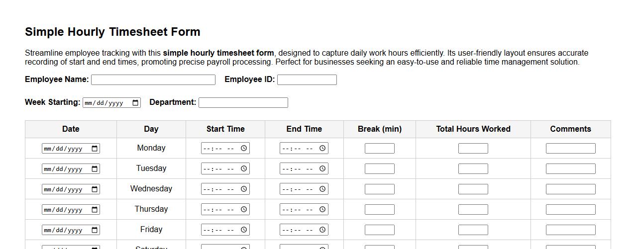 simple hourly timesheet form sample for employees image preview
