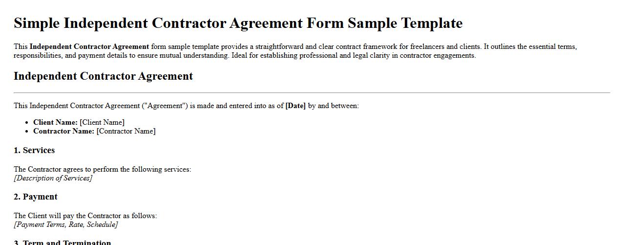 Simple Independent Contractor Agreement Form Sample Template image preview