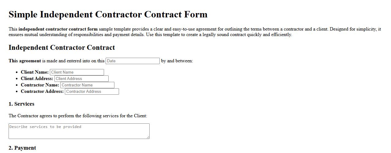 Simple independent contractor contract form sample template image preview