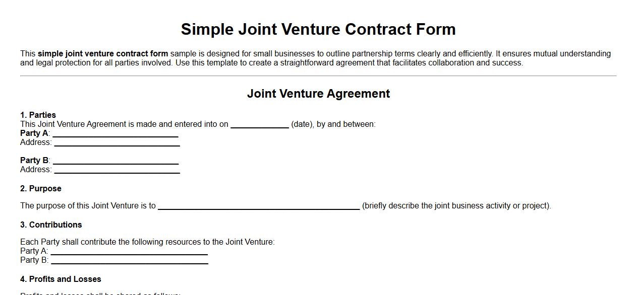 simple joint venture contract form sample for small business image preview