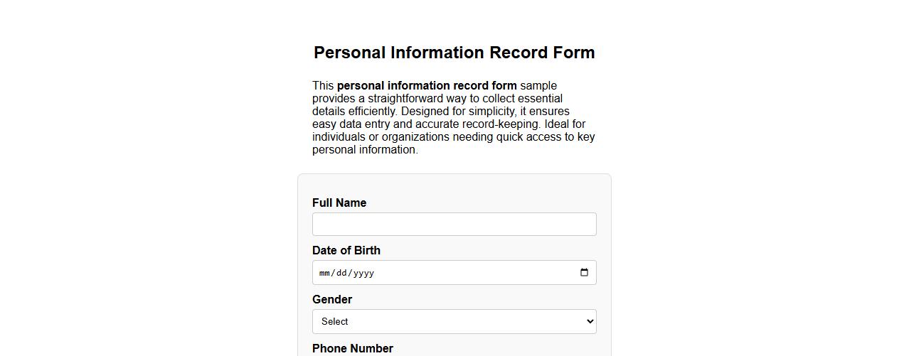 simple personal information record form sample image preview