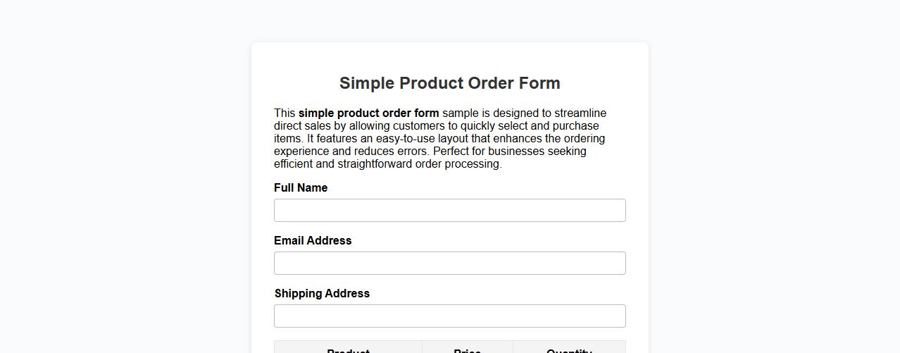 Simple product order form sample for direct sales image preview
