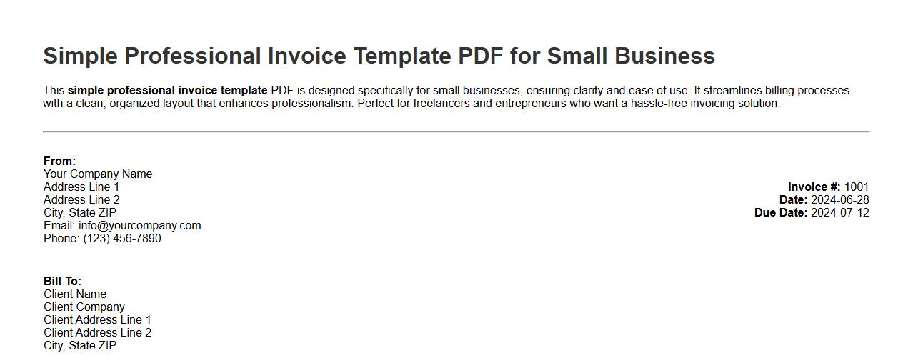 Simple professional invoice template PDF for small business image preview