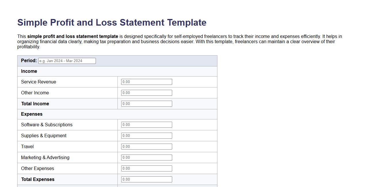 Simple profit and loss statement template for self-employed freelancers image preview