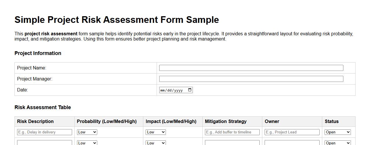 Simple project risk assessment form sample image preview