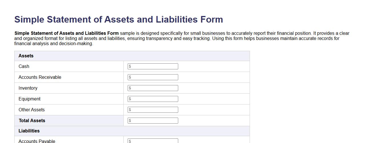 Simple Statement of Assets and Liabilities Form Sample for Small Business image preview