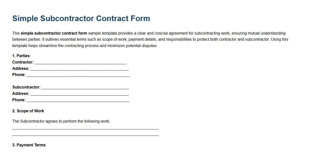 simple subcontractor contract form sample template image preview