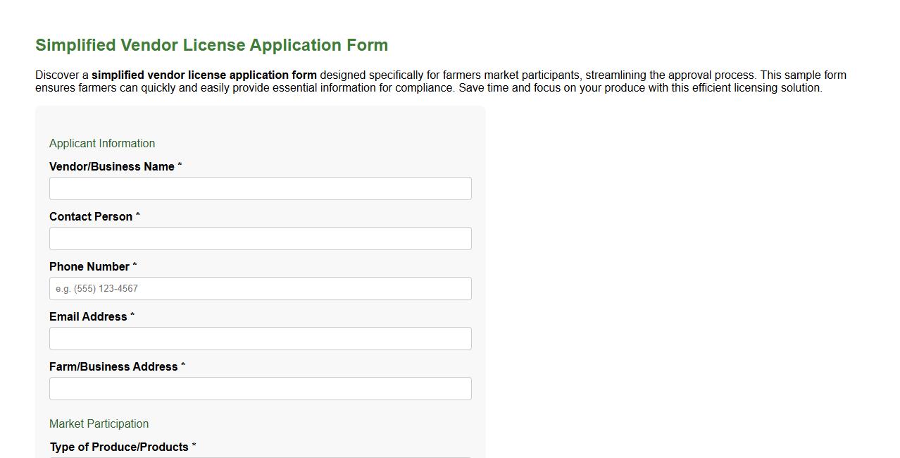 simplified vendor license application form sample for farmers market image preview