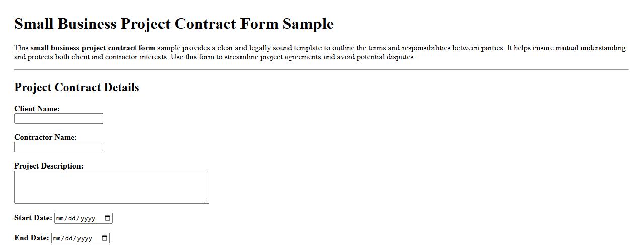 Small business project contract form sample image preview