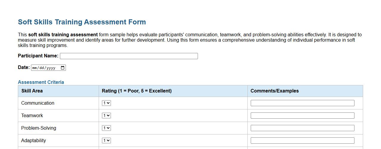 Soft skills training assessment form sample image preview