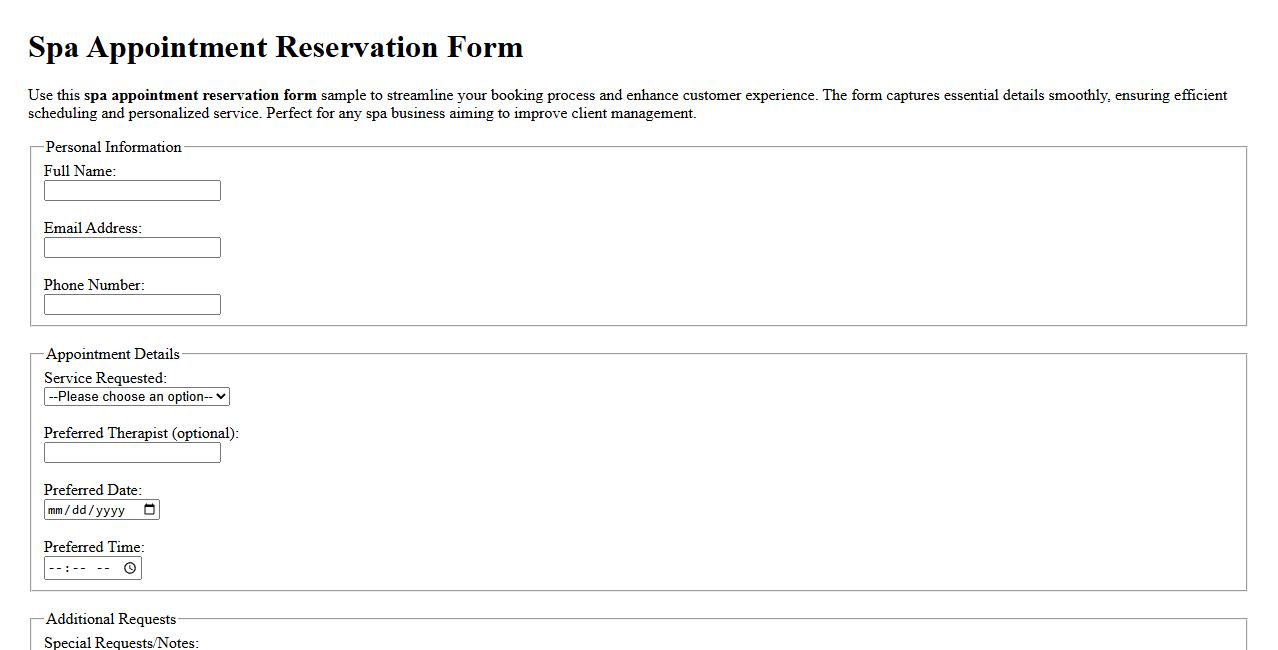 Spa appointment reservation form sample image preview