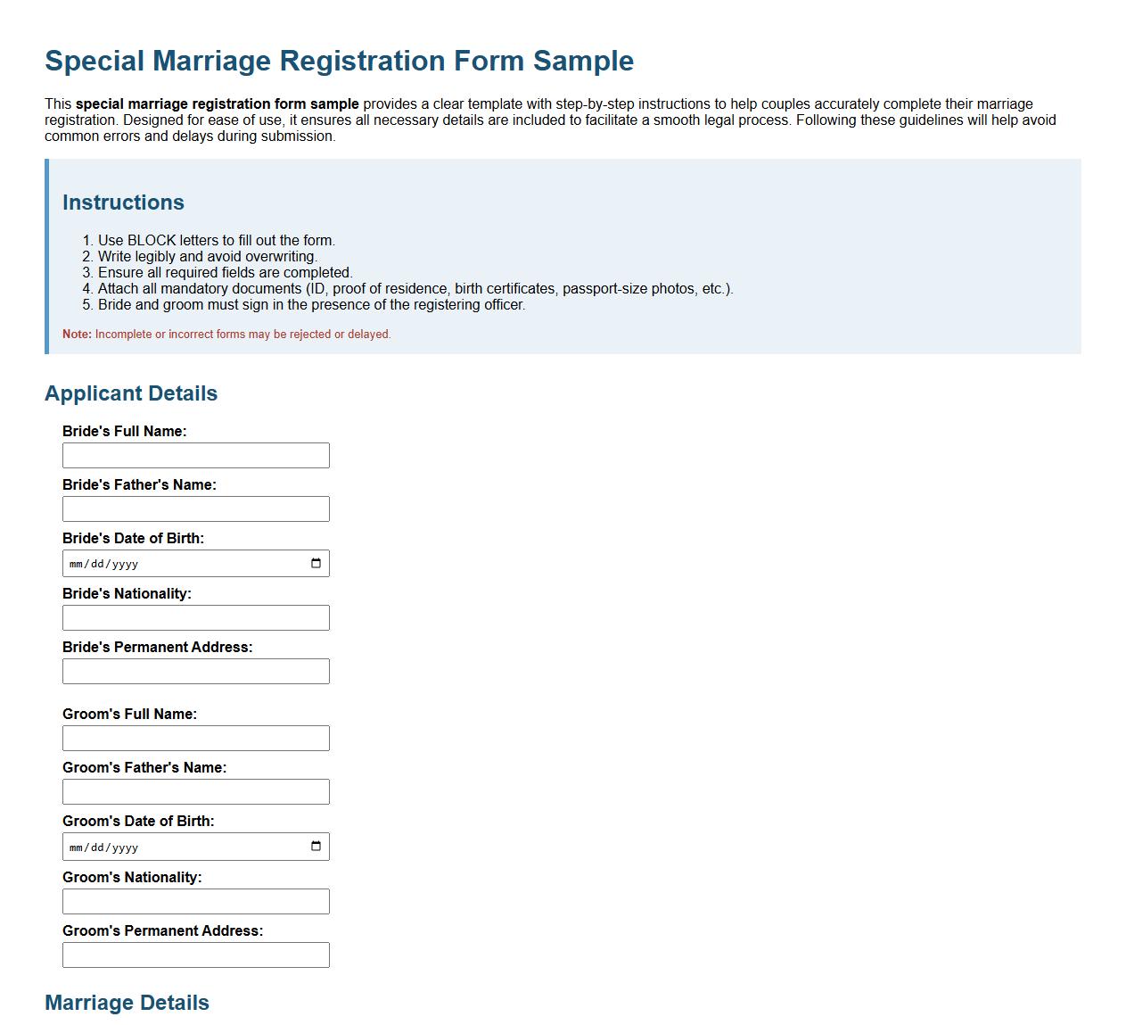 Special marriage registration form sample with instructions image preview