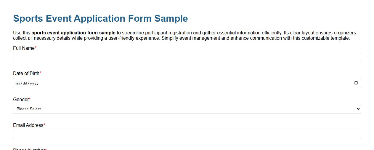 Sports event application form sample image preview