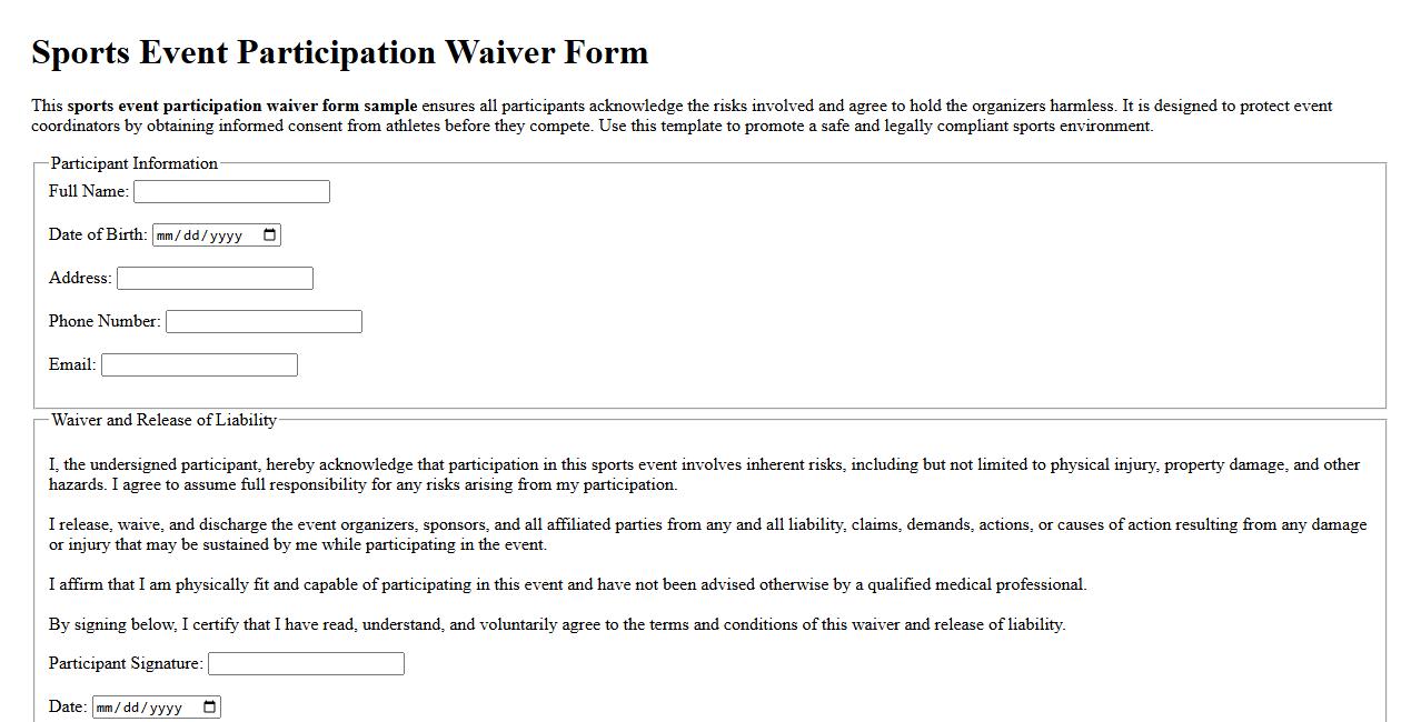 Sports event participation waiver form sample image preview