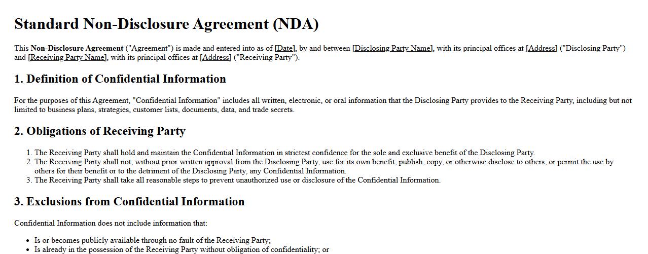 standard non-disclosure agreement contract form sample image preview