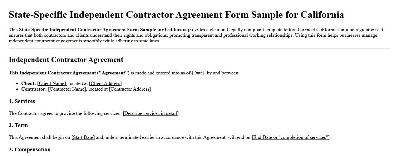 State-Specific Independent Contractor Agreement Form Sample California image preview