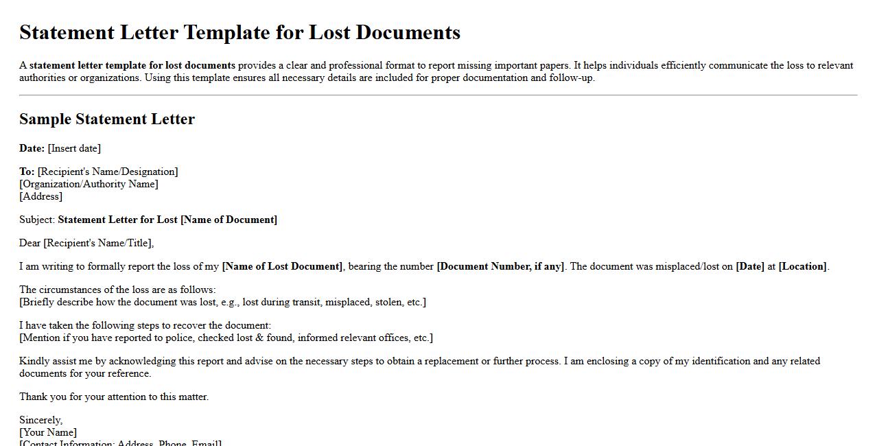 Statement letter template for lost documents image preview