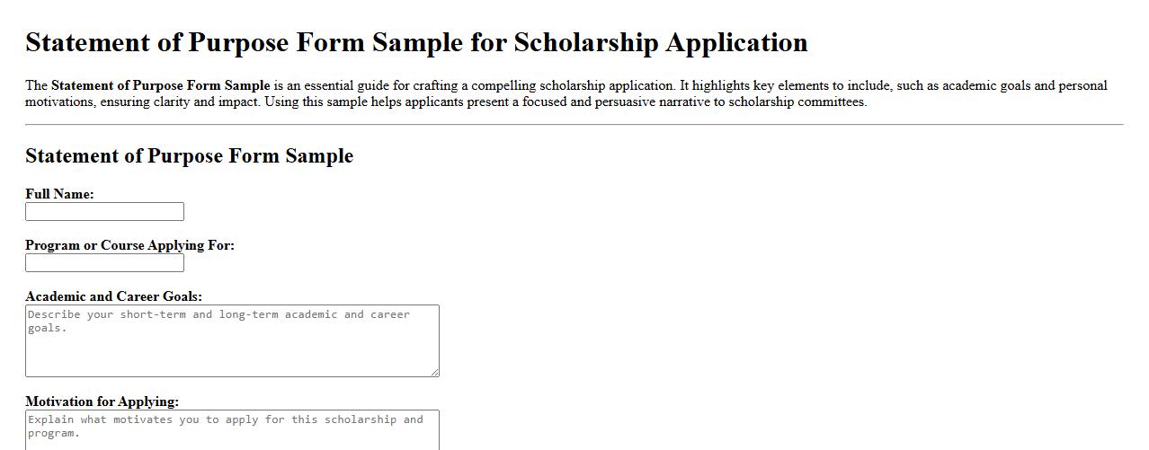 Statement of Purpose Form Sample for Scholarship Application image preview