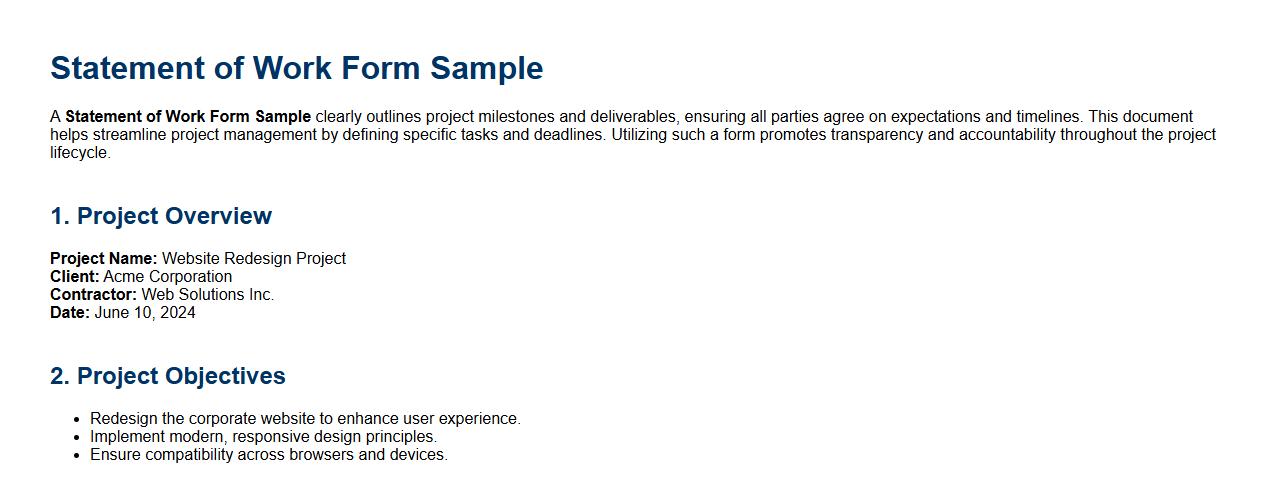 Statement of Work Form Sample Including Milestones and Deliverables image preview