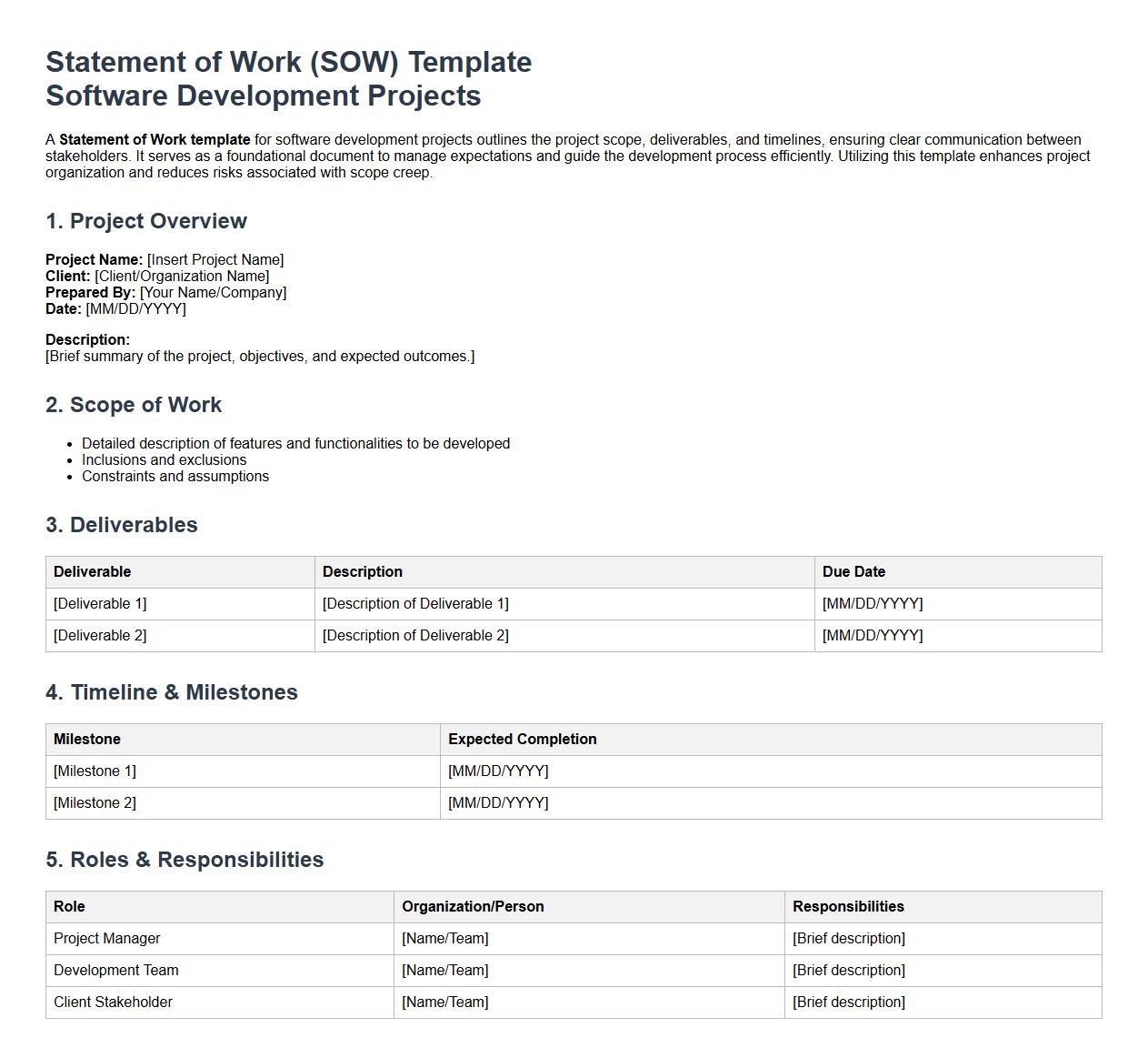 Statement of Work template for software development projects image preview