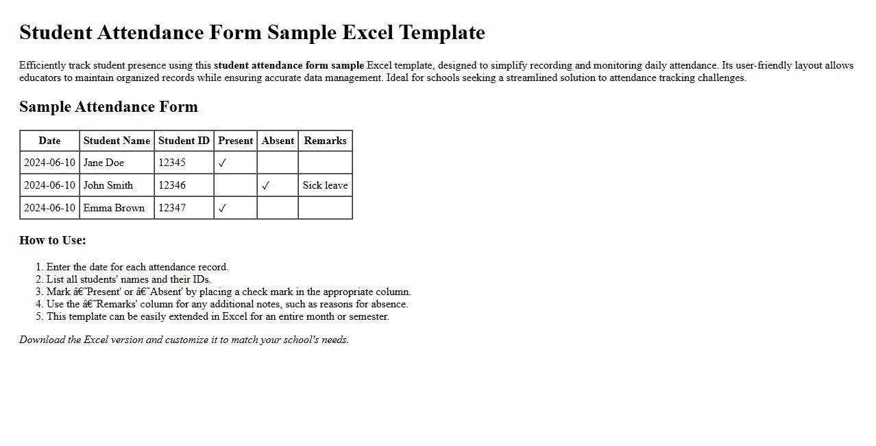 student attendance form sample excel template image preview