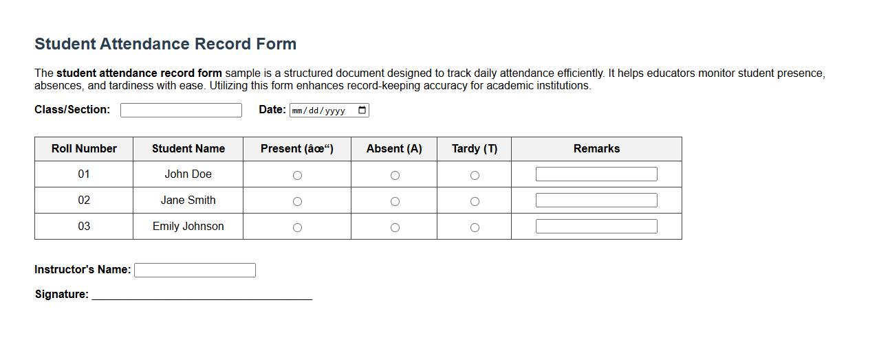 student attendance record form sample image preview