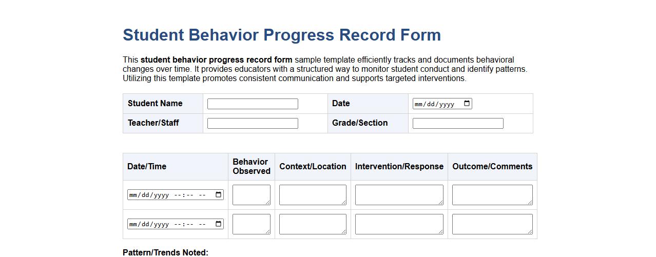 Student behavior progress record form sample template image preview