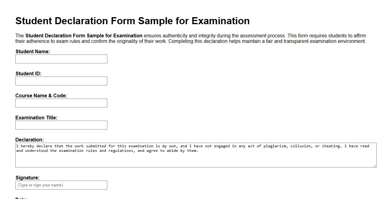 Student Declaration Form Sample for Examination image preview
