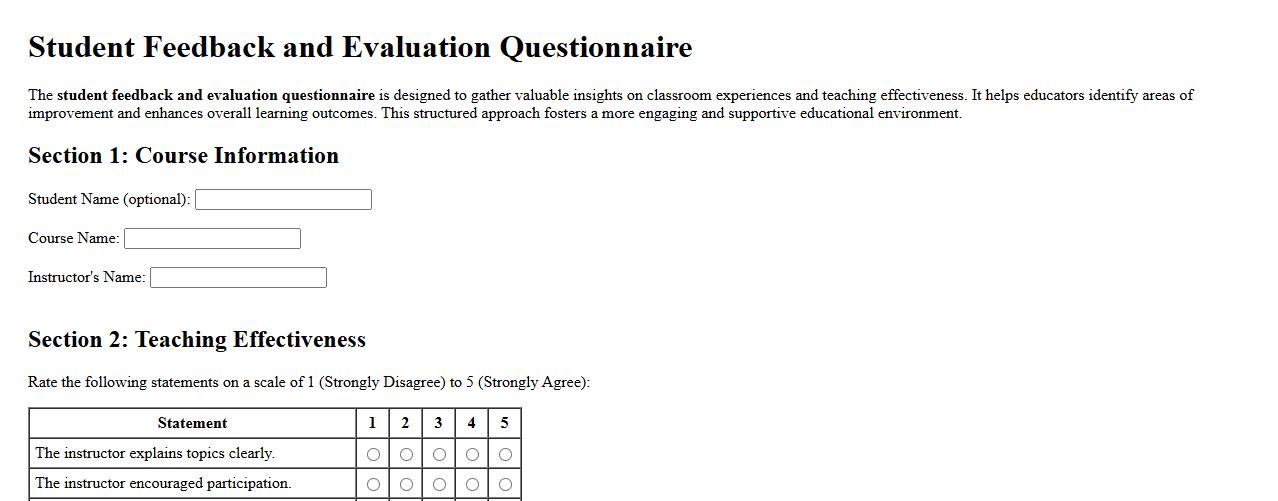 student feedback and evaluation questionnaire for classroom image preview