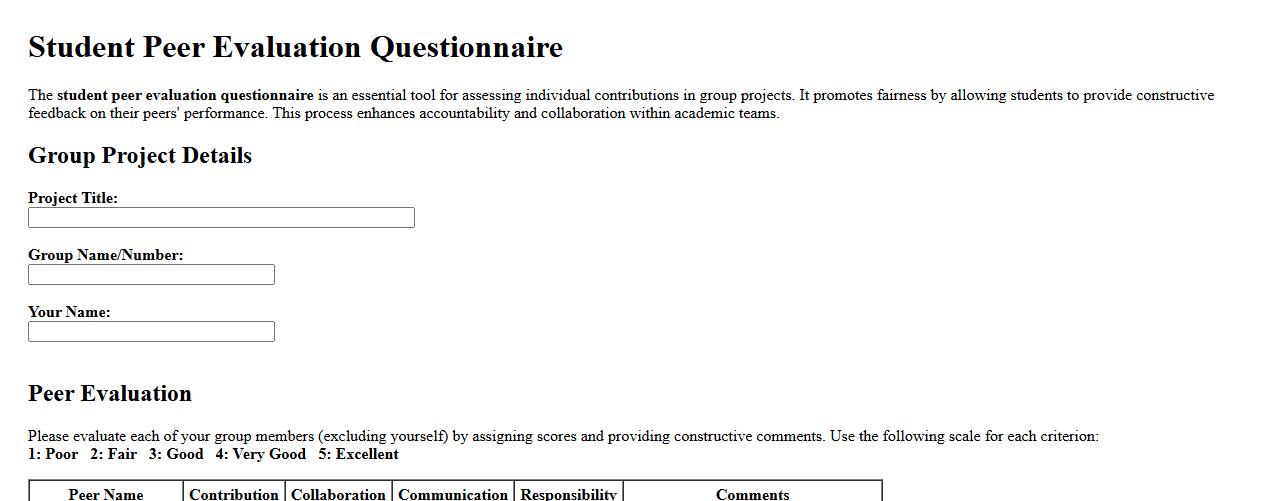 student peer evaluation questionnaire in group projects image preview