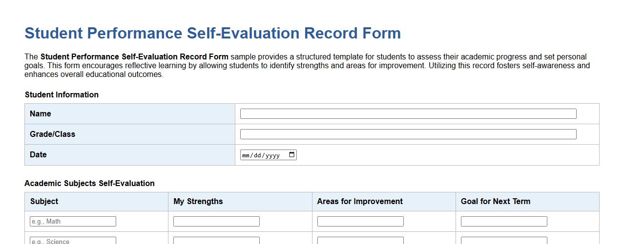 Student performance self-evaluation record form sample image preview