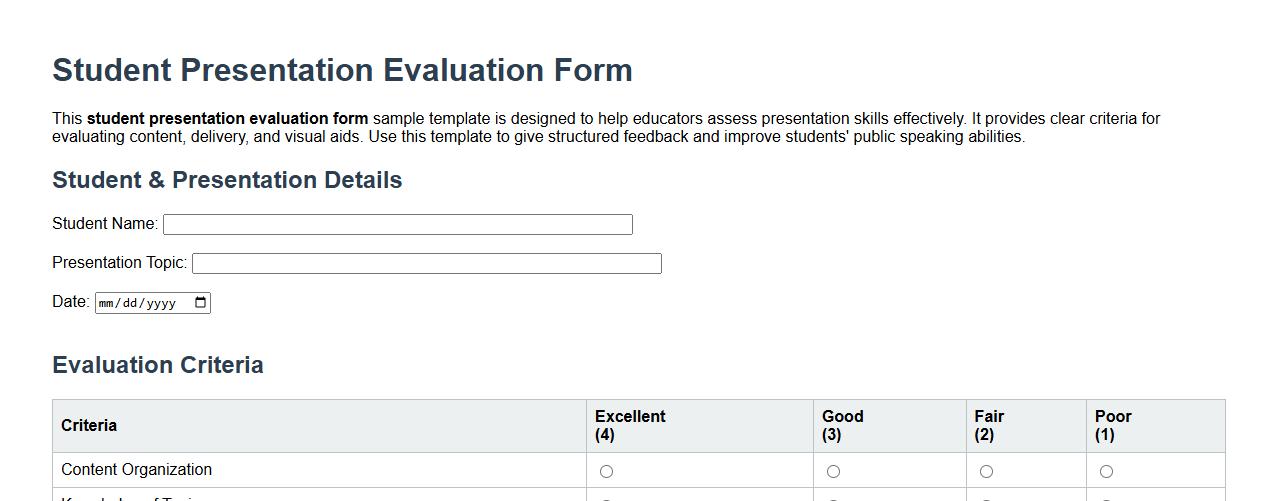Student presentation evaluation form sample template image preview