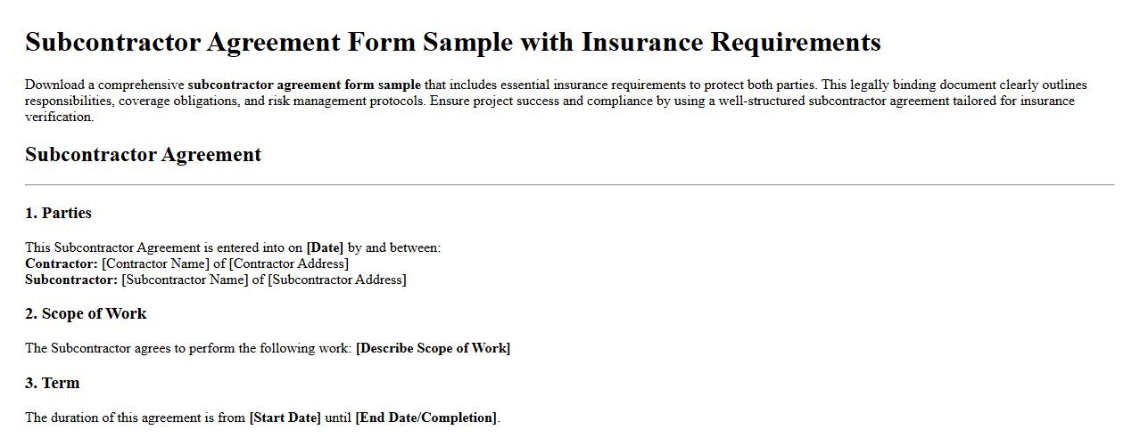 Subcontractor agreement form sample with insurance requirements image preview