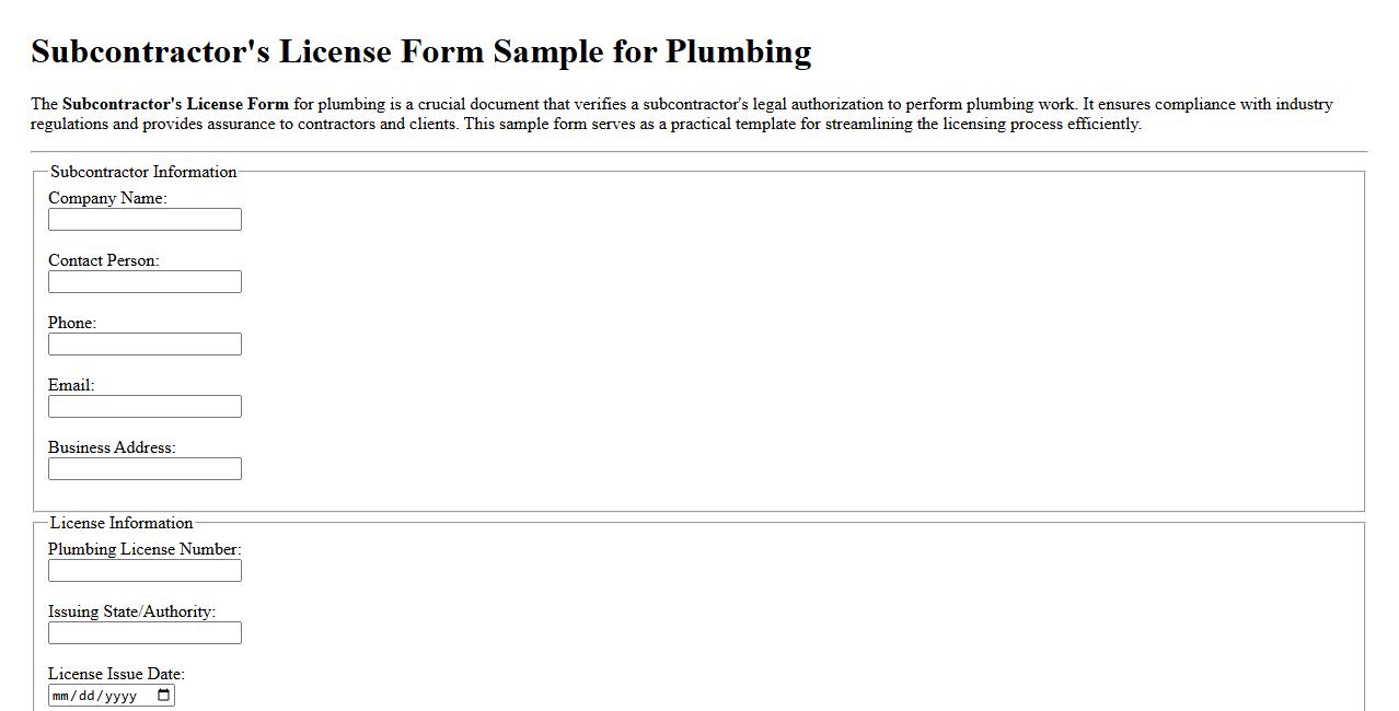 Subcontractor’s License Form Sample for Plumbing image preview
