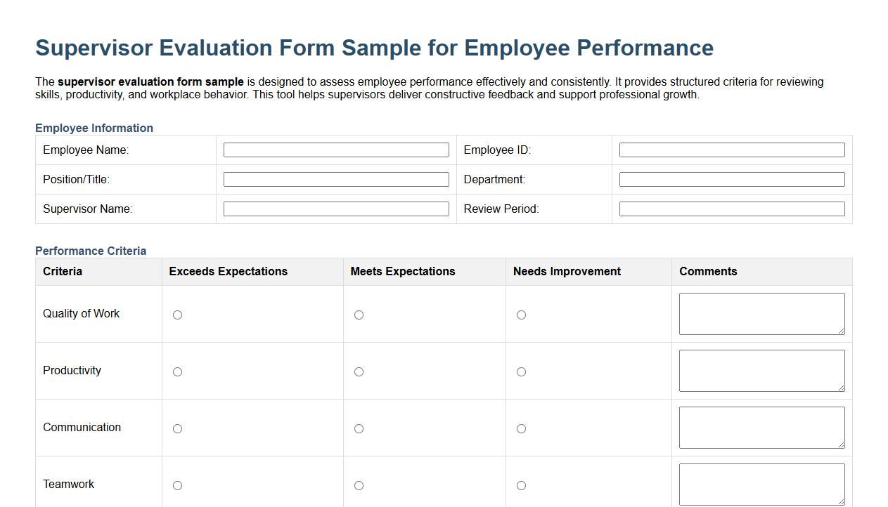 Supervisor evaluation form sample for employee performance image preview