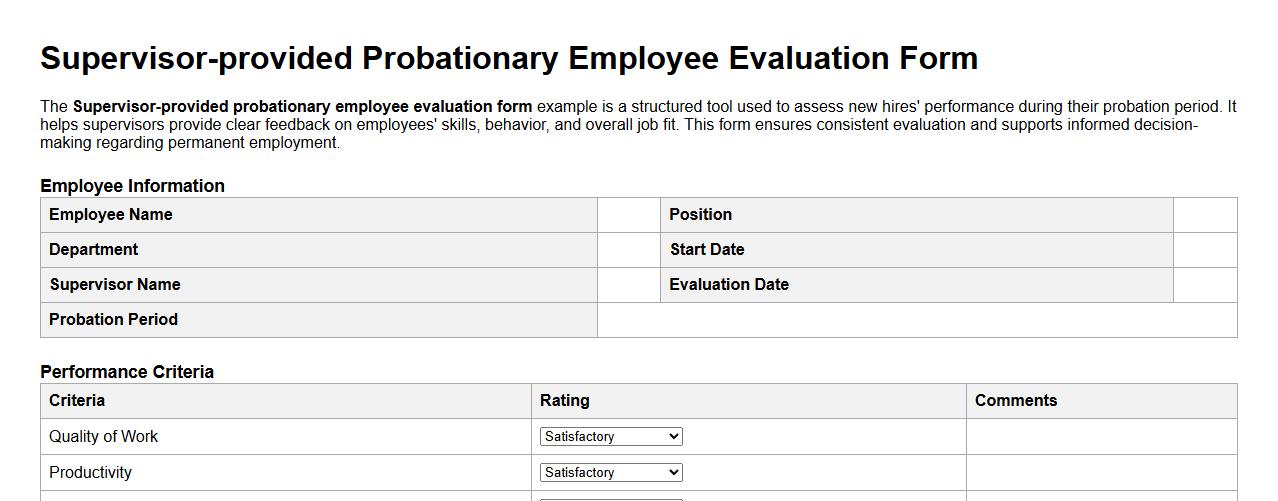 Supervisor-provided probationary employee evaluation form example image preview